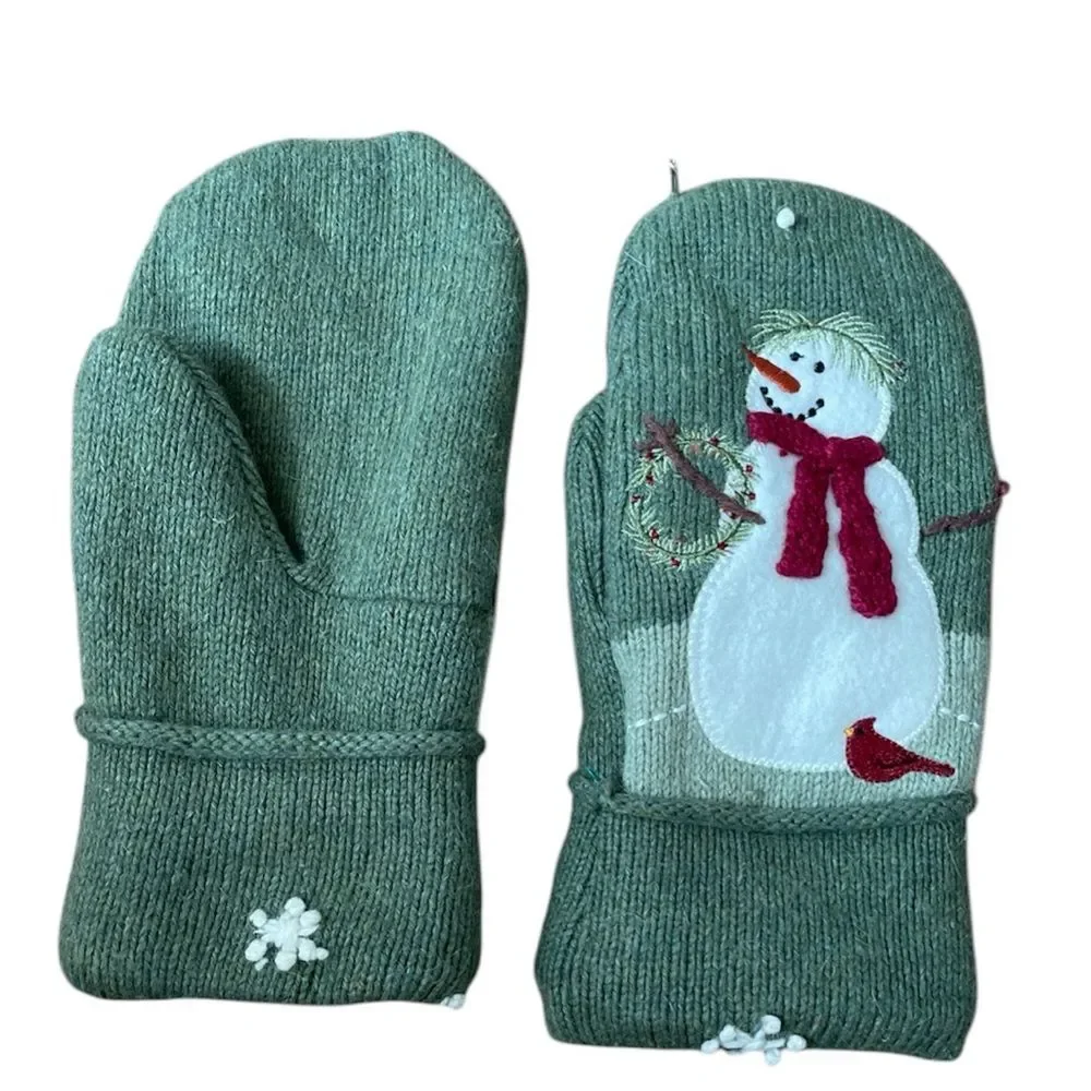 Unisex Wool Blend Winter Warm Knit Handmade Lined Snowman Cuff Mittens Gloves